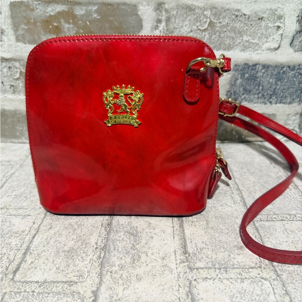 Pratesi Firenze Genuine Leather Red Crossbody Bag Gold Hardwear Italy